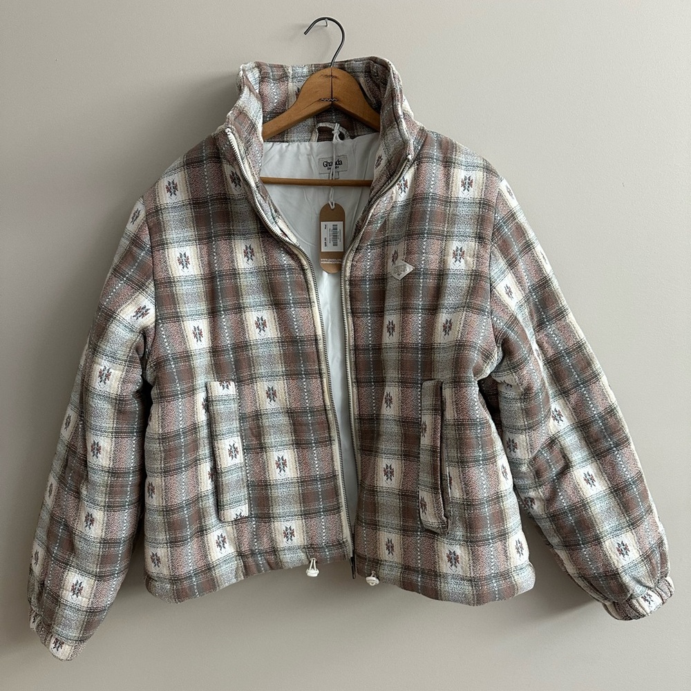 Ghanda Plaid Puffer Jacket - Brown and Cream
